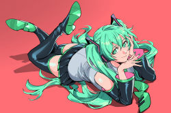 Rule 34 | 1girl, arm support, black footwear, boots, closed mouth, detached sleeves, feet up, fingernails, full body, green eyes, green hair, green nails, green necktie, grey shirt, hatsune miku, head rest, headset, high heel boots, high heels, highres, crossed legs, long sleeves, looking at viewer, lying, miniskirt, nail polish, necktie, on stomach, pleated skirt, red background, ruukii drift, shirt, shoe soles, simple background, skirt, smile, solo, the pose, thigh boots, thighhighs, twintails, vocaloid