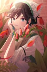 Rule 34 | androgynous, black hair, blue eyes, blue hair, braid, commentary, crossdressing, dress, english commentary, european clothes, flower, genshin impact, gradient hair, highres, looking at viewer, multicolored hair, popen o v2, red flower, short hair with long locks, smile, trap, tulip, twin braids, venti (genshin impact)