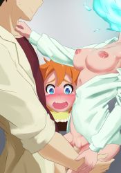 Rule 34 | 10s, 1boy, 1girl, blue eyes, blue fire, breasts, clothed sex, commentary request, demi-chan wa kataritai, disembodied head, dress shirt, dullahan, facial hair, fire, hand on another&#039;s shoulder, head out of frame, headless, heart, heart-shaped pupils, hetero, highres, lab coat, lollipop (9474083), machi kyouko, medium breasts, naked shirt, nipples, open mouth, orange hair, penis, pillow, puffy nipples, pussy, pussy juice, sex, shirt, short hair, smile, spiked hair, stubble, symbol-shaped pupils, takahashi tetsuo, teacher and student, tears, uncensored, vaginal, wavy mouth