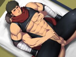 Rule 34 | 2boys, anal, bandaged arm, bandages, bara, black bodysuit, black hair, blush, bodysuit, closed mouth, completely nude, covered abs, covered erect nipples, erection, grabbing, handjob, indoors, large pectorals, lying, lying on person, male focus, male penetrated, multiple boys, muscular, muscular male, nude, on back, original, pectoral grab, pectorals, penis, red scarf, scarf, sex, short hair, shunta (syunta 87), spread legs, testicles, torn bodysuit, torn clothes, yaoi