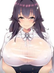 Rule 34 | 1girl, azuma (azur lane), azur lane, black hair, blush, bra visible through clothes, breasts, brown eyes, closed mouth, covered erect nipples, hair between eyes, hair ornament, hairclip, heavy breathing, huge breasts, kuavera, long hair, looking at viewer, see-through, short sleeves, signature, simple background, smile, solo, upper body, white background