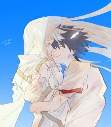 1boy 1girl black_hair blue_background closed_eyes dated grey_hair grin hair_between_eyes hetero highres hug index_(toaru_majutsu_no_index) kamijou_touma long_hair no_headwear red_shirt safety_pin shirt shirt_under_shirt short_hair short_sleeves smile t-shirt talesofmea teeth toaru_majutsu_no_index upper_body white_shirt wide_sleeves