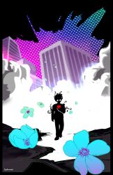 Rule 34 | 1boy, black border, blue flower, border, building, commentary, figofswords, flower, heart, highres, kageyama shigeo, kageyama shigeo (???), male focus, mob psycho 100, outdoors, signature, solo, standing, symbol-only commentary
