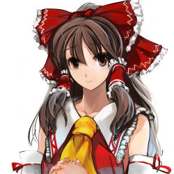 Rule 34 | 1girl, ascot, bare shoulders, bow, brown eyes, brown hair, detached sleeves, female focus, hair bow, hair tubes, hakurei reimu, japanese clothes, light smile, long hair, looking at viewer, miko, own hands clasped, own hands together, pupps, red eyes, shirt, shy, smile, solo, touhou, upper body, white background