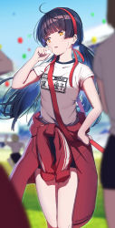 Rule 34 | absurdres, bare legs, baton, black hair, blunt bangs, blunt ends, blurry, blurry background, blurry foreground, clothes around waist, confetti, depth of field, feet out of frame, headband, highres, idolmaster, idolmaster shiny colors, jacket, jacket around waist, kneeichigo, looking afar, mayuzumi fuyuko, name tag, red jacket, sash, short sleeves, solo focus, sports festival, sportswear, twintails, yellow eyes