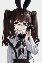 Rule 34 | 1girl, black-framed eyewear, black bow, black ribbon, black skirt, blue eyes, bow, brown hair, collared shirt, commentary, corded phone, dress shirt, elisia valfelto, english commentary, glasses, grey background, hair intakes, hair ribbon, highres, holding, holding phone, long hair, long sleeves, luicent, original, over-rim eyewear, phone, puffy long sleeves, puffy sleeves, ribbon, semi-rimless eyewear, shirt, simple background, skirt, solo, suspender skirt, suspenders, twintails, upper body, white shirt