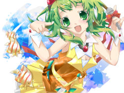 Rule 34 | 1girl, bow, breasts, child, cleavage, cuffs, fang, female focus, fish, green eyes, green hair, gumi, hekicha, matching hair/eyes, microphone, ribbon, solo, vocaloid, wrist cuffs