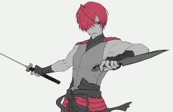 Rule 34 | 1boy, ahoge, bare shoulders, closed mouth, dual wielding, fate/grand order, fate (series), fingerless gloves, fuuma kotarou (fate), gloves, grey background, hair over one eye, holding, holding sword, holding weapon, kunai, male focus, monochrome, one eye covered, outstretched arms, red eyes, red hair, reverse grip, short hair, simple background, solo, spot color, spread arms, standing, sword, tenobe, weapon