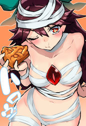 Rule 34 | 1girl, :t, bandages, bare shoulders, bow, breasts, brown hair, collarbone, commentary request, eating, food, gradient background, green bow, hair bow, highres, holding, holding food, long hair, looking at viewer, medium breasts, naked bandage, navel, one eye closed, orange background, pie, red eyes, reiuji utsuho, solo, taketora suzume, third eye, touhou