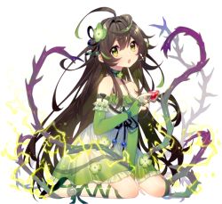 Rule 34 | + +, 1girl, :o, artist request, aurora (soul tide), bare shoulders, black hair, bridal gauntlets, choker, detached sleeves, dress, electricity, flat chest, flower, frills, game cg, gem, green choker, green eyes, hair between eyes, hair flower, hair ornament, hair ribbon, holding, holding jewelry, holding necklace, jewelry, leg ribbon, light blush, lightning, long hair, looking at viewer, messy hair, multicolored clothes, multicolored dress, multicolored hair, necklace, official art, pendant, petite, plant, red gemstone, ribbon, sitting, slippers, solo, soul tide, streaked hair, third-party source, thorns, transparent background, vines, wariza, white dress