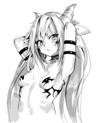 Rule 34 | 1girl, armpits, breasts, deluxe&lt;&lt;&lt;, greyscale, highres, horns, long hair, looking at viewer, monochrome, original, pasties, ryisu (deluxe&lt;&lt;&lt;), simple background, small breasts, solo, white background