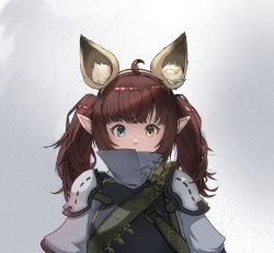 Rule 34 | 1girl, ahoge, animal ear fluff, animal ears, armor, warrior of light (ff14), blue eyes, brown hair, covered mouth, eyelashes, fake animal ears, final fantasy, final fantasy xiv, food211, grey background, heterochromia, highres, lalafell, long hair, looking at viewer, pauldrons, pointy ears, shoulder armor, solo, twintails, upper body, yellow eyes