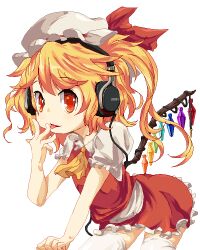 Rule 34 | 1girl, ascot, awa (bihidasu), blonde hair, cowboy shot, crystal wings, dress, flandre scarlet, hand up, hat, headphones, mob cap, open mouth, red dress, red eyes, red ribbon, ribbon, simple background, solo, thighhighs, tongue, tongue out, touhou, white background, yellow ascot