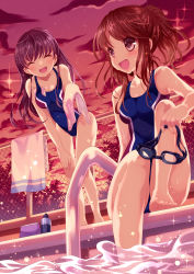 Rule 34 | 2girls, :d, ^ ^, absurdres, bare legs, bare shoulders, barefoot, black hair, blush, breasts, brown eyes, brown hair, chain-link fence, cleavage, closed eyes, cloud, collarbone, competition swimsuit, fence, goggles, unworn goggles, highres, impossible clothes, leaning forward, long hair, multiple girls, one-piece swimsuit, open mouth, original, outdoors, ponytail, pool, pool ladder, poolside, sitting, sky, smile, soaking feet, sparkle, star (sky), sunset, swimsuit, towel, wasabi (sekai), water