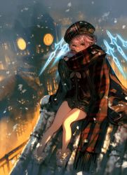 Rule 34 | 1girl, ankle boots, bare legs, blurry, blurry background, boots, clock, clock tower, coat, fur-trimmed boots, fur trim, garuku, grey hair, hat, looking at viewer, magic, on roof, original, outdoors, plaid headwear, rooftop, scarf, snow, snowing, solo, tower, weapon, white footwear