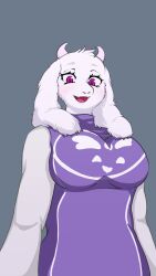 Rule 34 | 1girl, 2020, absurdres, animal ears, breasts, furry, furry female, goat, goat horns, green background, highres, horns, large breasts, looking at viewer, mature female, monster, monster girl, rusal, simple background, solo, toriel, undertale, white fur