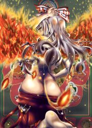 Rule 34 | 1girl, arm up, ass, back, barefoot, blush, bow, butt crack, feet, female focus, fiery wings, fire, from behind, fujiwara no mokou, hair bow, hair ribbon, hand on own hip, hip focus, huge ass, long hair, looking back, mayo, mayo (inumayo), no panties, red eyes, ribbon, silver hair, soles, solo, suspenders, topless, touhou, undressing, wings, yellow eyes