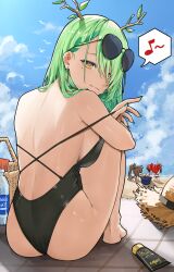 Rule 34 | 3girls, absurdres, adjusting clothes, adjusting swimsuit, archinoer, ass, barefoot, beach, bird, black one-piece swimsuit, blue sky, breasts, ceres fauna, cloud, day, earrings, from behind, green hair, hakos baelz, highres, hololive, hololive english, jewelry, large breasts, long hair, looking back, mole, mole under eye, multiple girls, musical note, nanashi mumei, one-piece swimsuit, ouro kronii, outdoors, sideboob, sitting, sky, solo focus, spoken musical note, sunglasses, swimsuit, teasing, virtual youtuber, yellow eyes