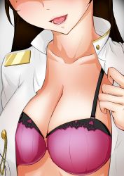 Rule 34 | absurdres, atago (azur lane), azur lane, blush, bra, breasts, brown hair, cleavage, head out of frame, highres, large breasts, long hair, mole, mole under eye, open clothes, open shirt, shirt, solo, suika bar-chan, underwear