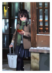 Rule 34 | 1girl, anchor symbol, bag, black pantyhose, blue skirt, blush, box, brown coat, brown eyes, brown hair, closed mouth, coat, feet out of frame, fringe trim, gift, gift box, green scarf, headband, headgear, highres, holding, holding bag, holding gift, kantai collection, long sleeves, open clothes, open coat, pantyhose, pleated skirt, scarf, short hair, skirt, solo, taihou (kancolle), timmyyen