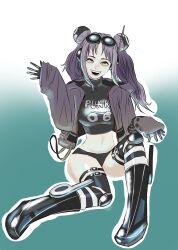 Rule 34 | 1girl, artist request, boots, freckles, full body, gloves, hair ornament, highres, jacket, long hair, navel, one piece, revealing clothes, salute, sitting, smile, solo, thong, twintails, vegapunk york, wide hips