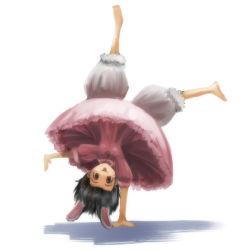 Rule 34 | 1girl, :p, animal ears, barefoot, black hair, bloomers, cartwheel, dress, extra ears, female focus, handstand, hyuuga azuri, inaba tewi, one arm handstand, pink dress, rabbit ears, short hair, solo, tongue, tongue out, touhou, underwear, upside-down, white bloomers