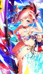 Rule 34 | 1girl, 2boys, bald, beard, bikini, blue eyes, blush, bracelet, breasts, cleavage, collarbone, commentary request, craft essence (fate), day, earrings, facial hair, fate/grand order, fate (series), flower, grey hair, grin, hair flower, hair ornament, high ponytail, houzouin inshun (fate), innertube, jewelry, magatama, magatama necklace, mika pikazo, miyamoto musashi (fate), miyamoto musashi (storms and waves) (fate), multicolored bikini, multicolored clothes, multiple boys, navel, necklace, ocean, official art, one eye closed, outdoors, pink hair, red flower, side-tie bikini bottom, smile, standing, storms and waves, sunglasses, surfboard, surfing, swim ring, swimsuit, windsurfing, yagyuu munenori (fate)