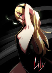 Rule 34 | 1girl, armpits, arms up, black dress, blonde hair, blue eyes, breasts, caffein, character name, cigarette, dress, headphones, highres, lily (vocaloid), long hair, no bra, sideboob, sideways glance, smoking, solo, vocaloid