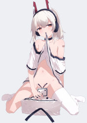 Rule 34 | 1girl, ayanami (azur lane), ayanami (niconico) (azur lane), azur lane, bad id, bad pixiv id, bandaid, bandaid on arm, bare shoulders, black collar, blush, brown eyes, closed mouth, clothes in mouth, collar, collarbone, commentary request, convenient censoring, full body, grey background, groin, hair between eyes, headgear, headphones, kneehighs, looking at viewer, mouth hold, navel, no panties, off shoulder, oueo, ponytail, shirt, shirt in mouth, simple background, single kneehigh, single sock, single thighhigh, sitting, socks, solo, thighhighs, wariza, white hair, white shirt, white socks