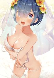 Rule 34 | 1girl, absurdres, bare shoulders, blue eyes, blue hair, blunt bangs, bra, breasts, bridal veil, cleavage, clothes pull, collarbone, cowboy shot, flower, gaou (umaiyo puyoman), hair flower, hair ornament, hair over one eye, highres, lace, lace-trimmed bra, lace trim, looking at viewer, medium breasts, navel, open mouth, panties, panty pull, pantyhose, pantyhose pull, re:zero kara hajimeru isekai seikatsu, rem (re:zero), scan, short hair, smile, solo, standing, underwear, undressing, veil, white background, white bra, white flower, white panties, white pantyhose, yellow flower