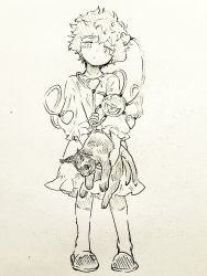 Rule 34 | 1girl, :|, alternate costume, animal, bare legs, blush, cat, closed mouth, commentary, frilled nightgown, frilled sleeves, frills, furrowed brow, graphite (medium), greyscale, hair between eyes, hair ornament, head tilt, heart, heart hair ornament, holding, holding animal, holding cat, kaenbyou rin, kaenbyou rin (cat), komeiji satori, looking at viewer, menotama, messy hair, monochrome, multiple tails, nightgown, own hands together, short hair, slippers, solo, standing, tail, third eye, touhou, traditional media, two tails, v arms, whiskers