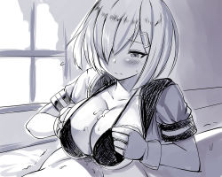 Rule 34 | 10s, bad id, bad pixiv id, belko, between legs, bikini, blush, breast press, breasts squeezed together, breasts, clothed female nude male, collarbone, eyelashes, gloves, greyscale, hair ornament, hair over one eye, hairclip, hamakaze (kancolle), indoors, kantai collection, large breasts, looking down, monochrome, nude, original, paizuri, sailor collar, sweat, sweatdrop, swimsuit, trembling