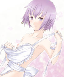 Rule 34 | 1girl, apron, ar tonelico, ar tonelico iii, armpits, bad id, bad pixiv id, braid, female focus, flat chest, frills, gust, hair ornament, microspace, naked apron, nipples, purple eyes, purple hair, short hair, smile, solo, tilia (ar tonelico), twin braids, undressing, white background