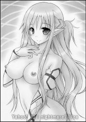 Rule 34 | 10s, 1girl, artist name, asuna (sao), bare shoulders, black border, blush, border, braid, breasts, detached sleeves, graphite (medium), greyscale, large breasts, long hair, looking at viewer, monochrome, nightmare77zx, nipples, pointy ears, smile, solo, sword art online, traditional media