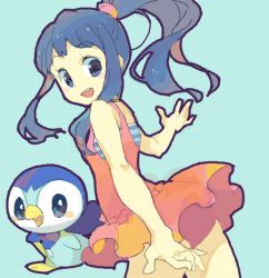 Rule 34 | 00s, 1girl, alternate costume, alternate hairstyle, bad drawr id, bad id, blue background, blue hair, creatures (company), dawn (pokemon), drawr, game freak, gen 4 pokemon, nintendo, oekaki, piplup, pokemon, pokemon (creature), pokemon dppt, ponytail, shouji ni nanshi