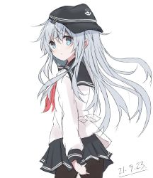 Rule 34 | 1girl, anchor symbol, black hat, black pantyhose, black sailor collar, black skirt, blue eyes, commentary request, core (mayomayo), flat cap, from behind, hat, hibiki (kancolle), highres, kantai collection, long hair, neck ribbon, pantyhose, pleated skirt, red ribbon, ribbon, sailor collar, school uniform, serafuku, silver hair, simple background, skirt, solo, standing, white background