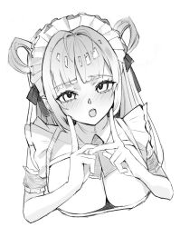Rule 34 | :o, antenna hair, apron, arm cuffs, ascot, blush, breasts, cleavage, detached collar, frilled apron, frills, goddess of victory: nikke, greyscale, hair ornament, hair ribbon, hair rings, hairclip, heart antenna hair, kuminikke, large breasts, long hair, looking at viewer, maid, maid headdress, monochrome, open mouth, ribbon, sleeveless, soda (nikke), white background