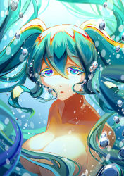 Rule 34 | 1girl, blue eyes, breasts, collarbone, convenient censoring, female focus, huayue, large breasts, league of legends, long hair, multicolored hair, solo, sona (league of legends), topless, twintails, underwater, very long hair