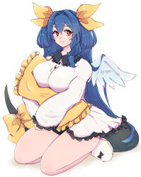 Rule 34 | 1girl, angel wings, blush, breasts, buttons, chemaru (a8l), closed mouth, dizzy (guilty gear), flip-flops, full body, guilty gear, guilty gear strive, hair between eyes, hair ribbon, hair rings, highres, hugging object, kneeling, large breasts, long hair, looking at viewer, mature female, pillow, pillow hug, red eyes, ribbon, sandals, sitting, smile, solo, tail, tail ornament, tail ribbon, thick thighs, thighs, twintails, white background, white footwear, wings, yellow ribbon
