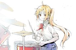 Rule 34 | 1girl, ahoge, blonde hair, blue skirt, bocchi the rock!, bow, bowtie, breasts, collared shirt, drum, drum set, drumsticks, holding, holding drumsticks, ijichi nijika, instrument, long hair, looking at viewer, meijin kusano, open mouth, orange eyes, shirt, side ponytail, sidelocks, sitting, skirt, sleeves rolled up, small breasts, smile, solo, speed lines, sweat, upper body, white background