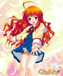 Rule 34 | 1girl, ahoge, feathers, long hair, looking at viewer, neck ribbon, open mouth, orange eyes, original, outstretched hand, plaid, red hair, ribbon, saitou tsukasa, school uniform, solo, wind, wind lift