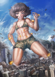 Rule 34 | &gt;:d, 10s, 1girl, :d, abs, aircraft, airplane, akiyama yukari, bare legs, bare shoulders, barefoot, biceps, bikini, blue sky, blush, breasts, brown eyes, brown hair, building, camouflage, camouflage bikini, camouflage shorts, city, clenched hand, collarbone, day, destruction, evil smile, explosion, fire, firing, fire, flying, full body, giant, giantess, girls und panzer, half-closed eyes, hand on own hip, helicopter, holding, jet, kneeling, midriff, motion blur, muscular, muscular female, navel, open mouth, outdoors, short hair, shorts, sky, small breasts, smile, solo focus, speed lines, sweat, sweatdrop, swimsuit, v-shaped eyebrows, wet, yilx