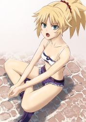 Rule 34 | 1girl, :o, ankle boots, artist name, bandeau, bare arms, bare legs, bare shoulders, belt, blonde hair, blue footwear, boots, breasts, brick, collarbone, cutoffs, dated, day, fate/apocrypha, fate/grand order, fate (series), grey background, grey eyes, hair ornament, hair scrunchie, half updo, highres, indian style, mordred (fate), mordred (fate/apocrypha), mordred (memories at trifas) (fate), on ground, open mouth, outdoors, own hands together, scrunchie, sett, shadow, shorts, simple background, sitting, small breasts, solo, tamuemon29, thick eyebrows