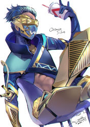 Rule 34 | &gt; &lt;, 1boy, \n/, abs, apex legends, blue hair, blue jacket, boots, cable, cup, dated, disposable cup, drinking straw, fast fashion octane, geshumaro, gold footwear, hair slicked back, highres, holding, holding cup, jacket, male focus, mask, mouth mask, octane (apex legends), official alternate costume, science fiction, signature, solo, white background