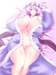 Rule 34 | 1girl, blush, breasts, curvy, female focus, gomesu, gradient background, hat, hip focus, huge breasts, japanese clothes, lying, plump, purple eyes, purple hair, pussy, saigyouji yuyuko, short hair, smile, solo, thick thighs, thighs, touhou, uncensored, undressing, white background, wide hips