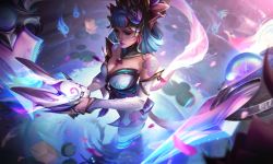 Rule 34 | 1girl, absurdres, bare shoulders, blade, breasts, cloud tattoo, detached sleeves, evelynn (league of legends), facial mark, from above, ghost, green hair, hair ornament, highres, holding, holding mask, japanese clothes, kimono, large breasts, league of legends, mask, unworn mask, medium hair, official alternate costume, official art, pointy ears, rabbit hair ornament, rabbit mask, second-party source, short kimono, shoulder tattoo, solo, spirit blossom evelynn, tattoo, wading, water, white sleeves