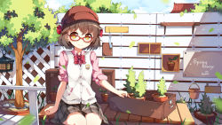 Rule 34 | 1girl, arm at side, artist name, bench, blue sky, blurry, blush, bow, bowtie, box, brown hair, brown skirt, buttons, cabbie hat, closed mouth, cloud, collared shirt, commentary request, cowboy shot, crest, dango remi, day, drawer, ears visible through hair, emblem, falling leaves, fence, flower pot, hair bow, hat, lantern, leaf, legs together, long sleeves, looking at viewer, medium skirt, motion blur, original, outdoors, pink shirt, plaid, plaid skirt, plant, pocket, potted plant, red bow, red bowtie, red hat, rock, school uniform, shirt, short hair, sitting, skirt, sky, sleeve cuffs, sleeves pushed up, sleeves rolled up, smile, solo, spring (season), sweater vest, thick eyebrows, tree, wind chime, wing collar, wooden fence, yellow eyes
