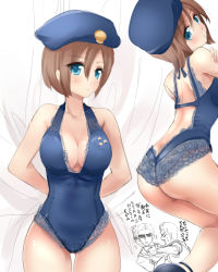 Rule 34 | 1girl, adapted costume, albert wesker, ass, back, beret, blue eyes, breasts, brown hair, butt crack, capcom, chris redfield, cleavage, closed mouth, covered collarbone, cowboy shot, from side, hair between eyes, halterneck, hat, jill valentine, large breasts, leotard, lingerie, looking at viewer, motion blur, multiple boys, multiple views, nagare, parted bangs, resident evil, short hair, solo focus, swimsuit, teddy (lingerie), thighs, underwear, underwear only, v-shaped eyebrows