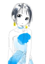 Rule 34 | 1girl, alternate costume, arms at sides, bare shoulders, black eyes, black hair, blue choker, blue dress, bow, choker, collarbone, commentary, cowboy shot, dangle earrings, dress, e eel, earrings, expressionless, head tilt, highres, jaggy lines, jewelry, kurosaki honoka, looking at viewer, parted lips, partially colored, ribbon choker, short hair, simple background, solo, strapless, strapless dress, symbol-only commentary, waist bow, white background, yama no susume