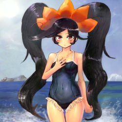 Rule 34 | 1girl, ashley (warioware), black hair, blush, breasts, byte (grunty-hag1), covered navel, cowboy shot, hair ornament, hand on own chest, long hair, looking at viewer, nintendo, ocean, aged up, one-piece swimsuit, outdoors, red eyes, small breasts, solo, swimsuit, twintails, very long hair, warioware, water